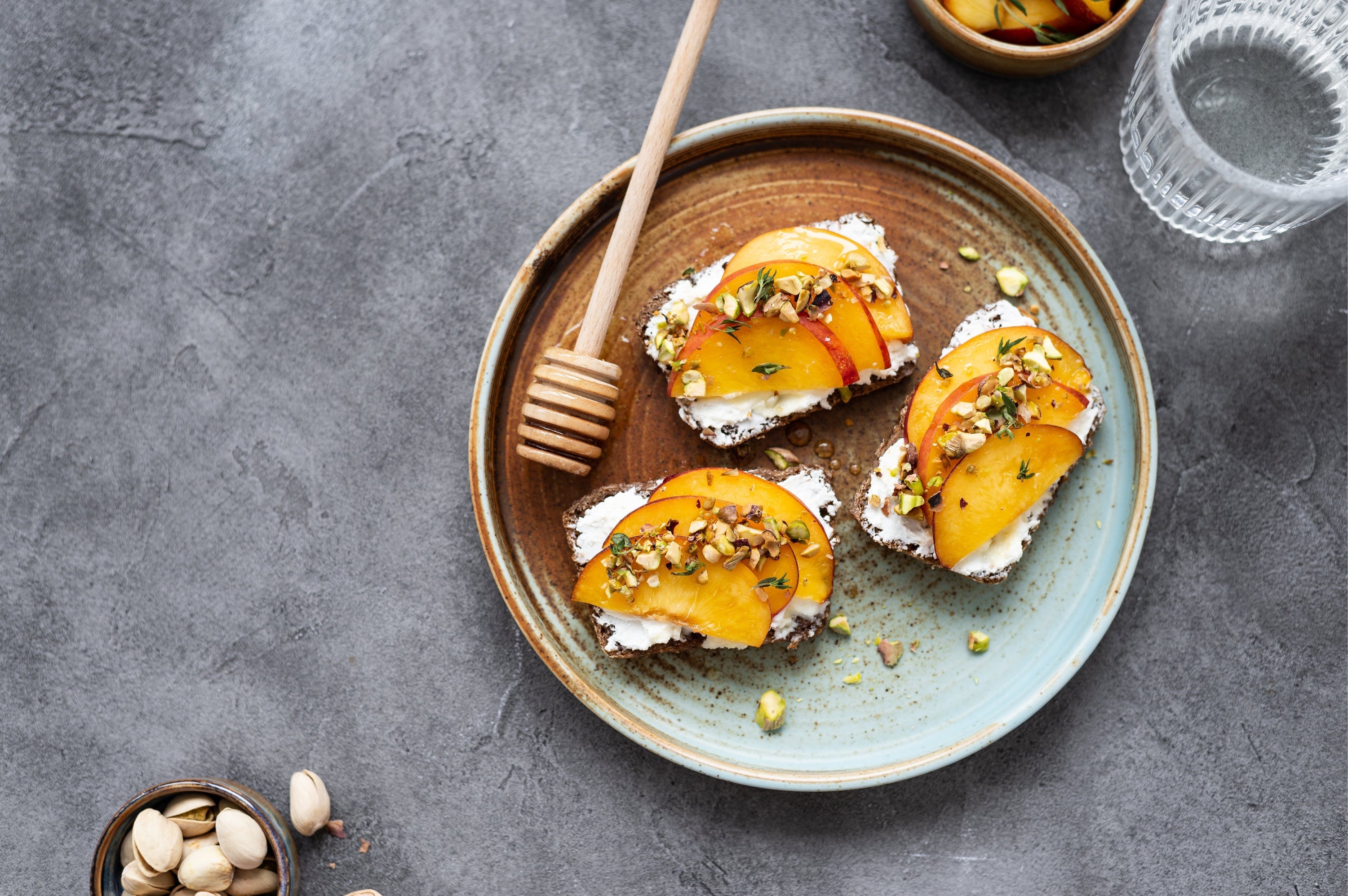 Fruit Toast with Caralised Peach & Spinach Ricotta